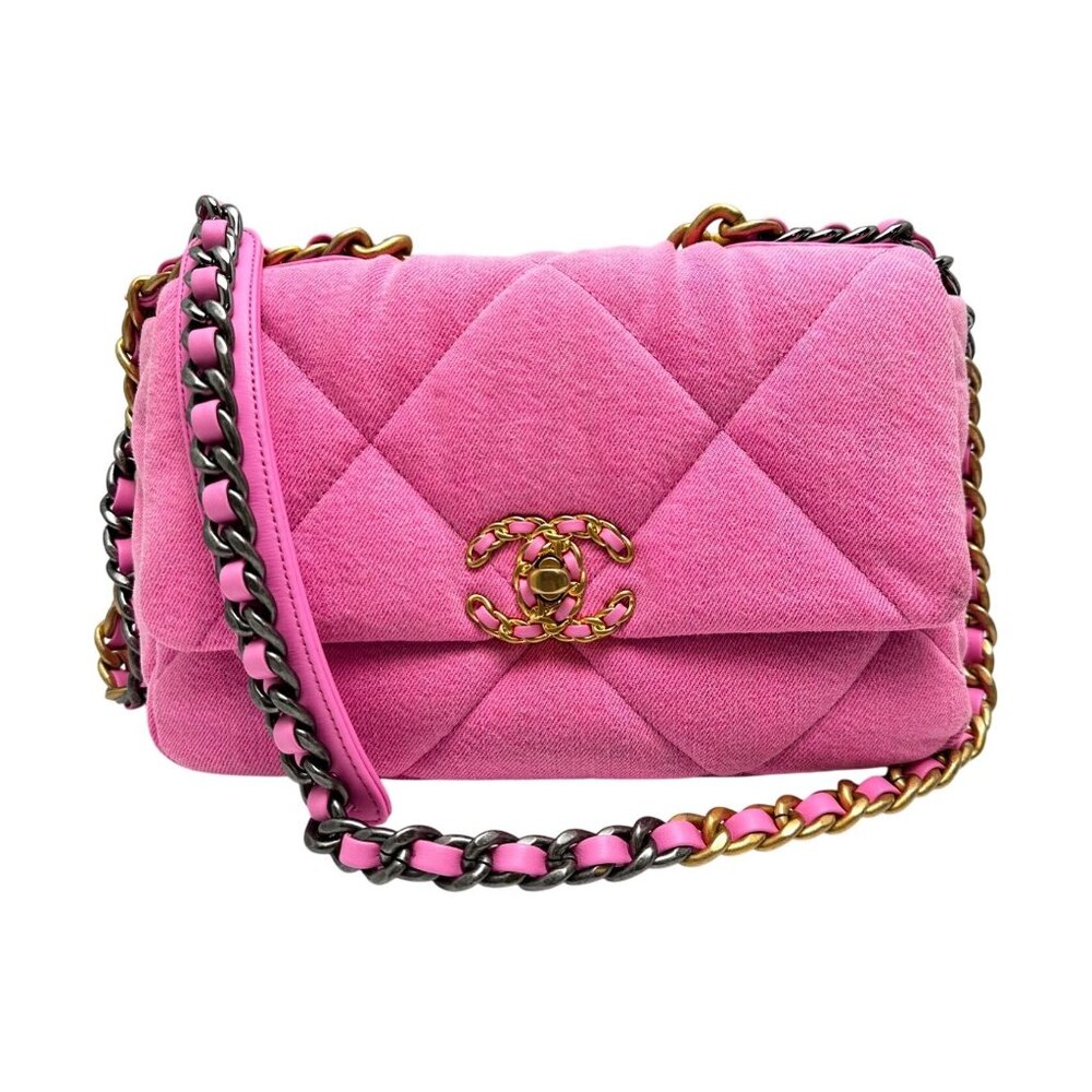 CHANEL19 Pink Denim Medium Flap Bag With Mixed Metal Hardware